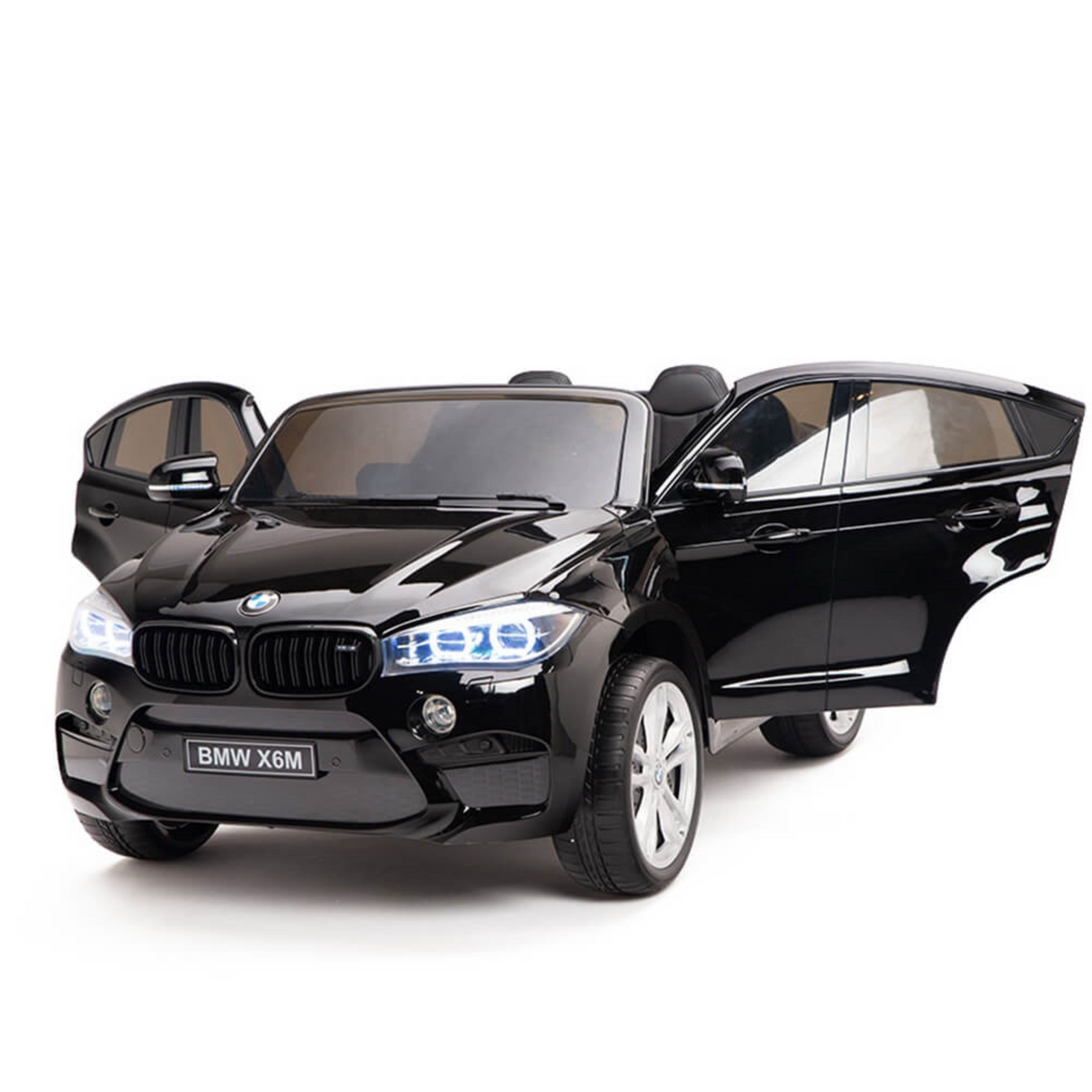 The Black 12V Licensed XXL BMW X6 Ride-On Car features realistic details like opening doors, front lights, and a BMW X6M license plate. This 2-seater boasts a sleek design and remote control for an exciting driving experience for young enthusiasts.