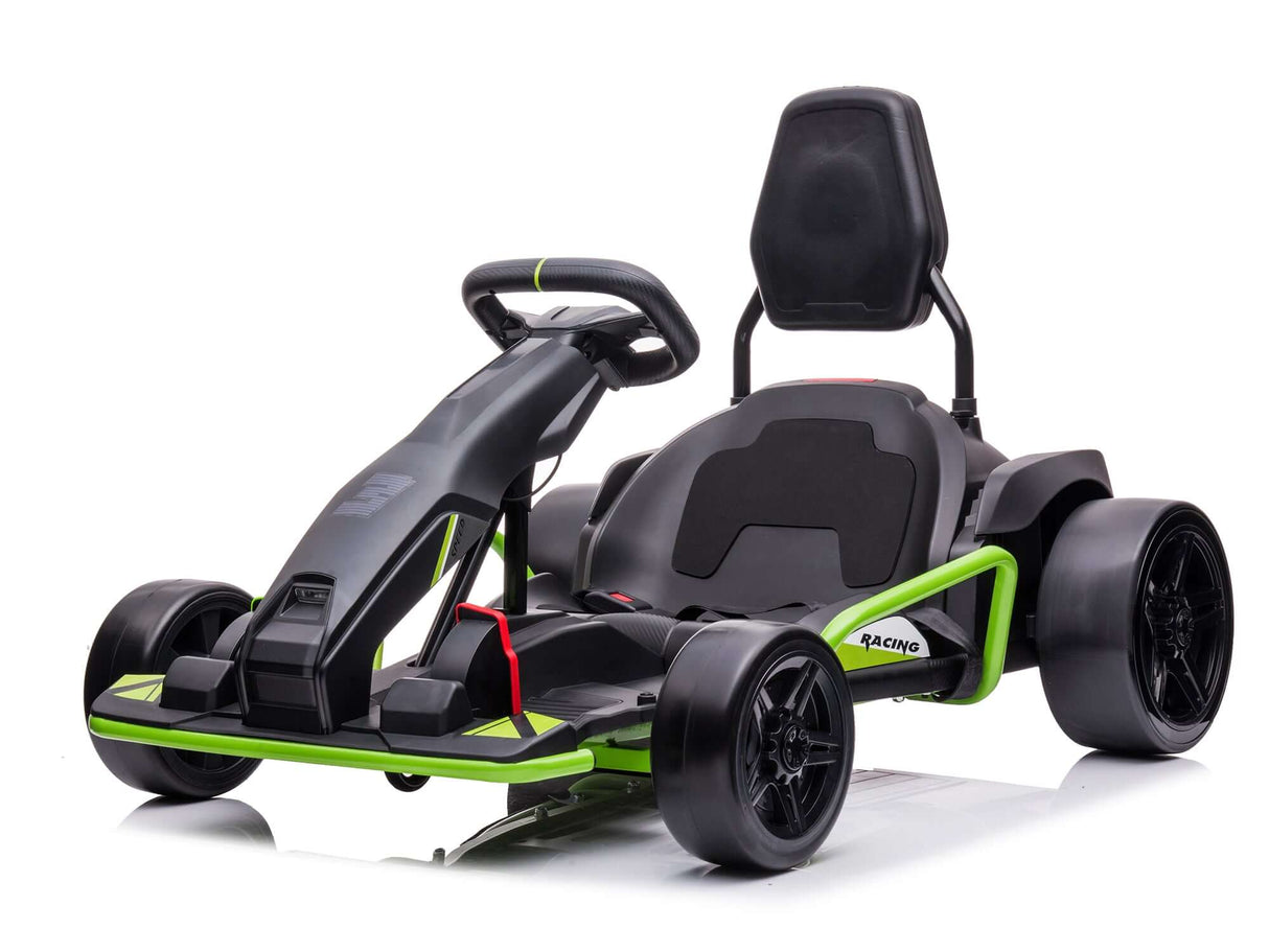 The Big Kids Powerful 24V Speedster Drifting Go-Kart sports a sleek black and green modern design with a bucket seat, backrest, steering wheel, and sturdy wheels. Positioned on a reflective white surface, its perfect for kids eager to speed into fun.