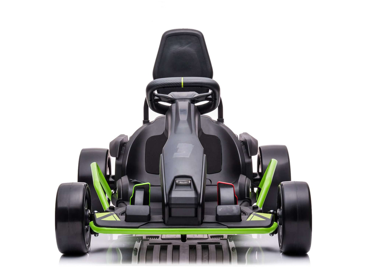 Front view of the Big Kids Powerful 24V Speedster Drifting Go-Kart in black and green, showcasing large tires, sleek aerodynamic design, and a contoured seat. The steering wheel and frame have green accents. Set against a plain white backdrop, its ready for thrilling adventures.