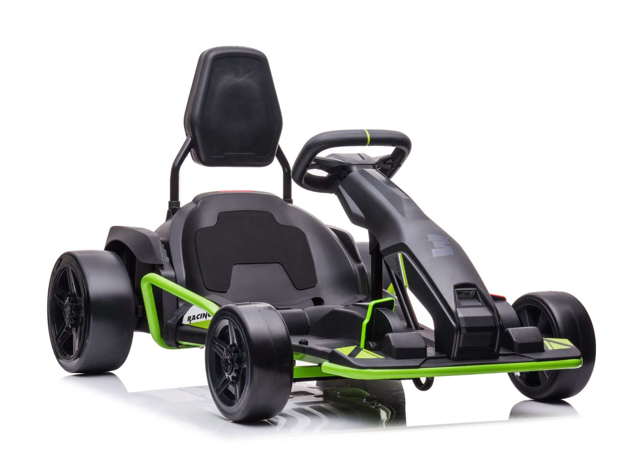 The Big Kids Powerful 24V Speedster Drifting Go-Kart is a sleek black and neon green ride with a prominent backrest and large wheels. Its modern aerodynamic design, 24V power motors, sturdy frame, and ergonomic steering wheel make it the ultimate speedster for big kids craving excitement.