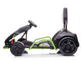 A side view of the Big Kids Powerful 24V Speedster Drifting Go-Kart, featuring a sleek black and green design, three wheels, a raised seat on a white background. The word RACING adorns the side panel, highlighting its 24V power motors perfect for racing enthusiasts.