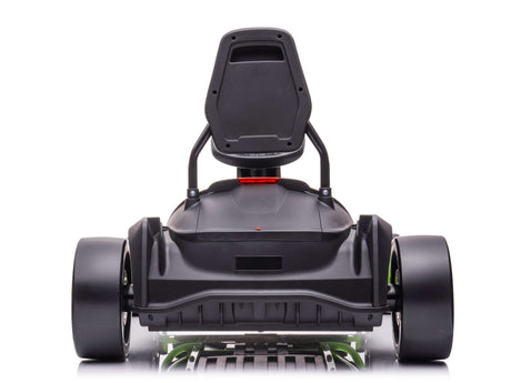 The image showcases the aerodynamic design and minimalist structure of the Big Kids Powerful 24V Speedster Drifting Go-Kart. Displayed from the rear, its sleek black frame features large tires and a sturdy seat against a clean white background.