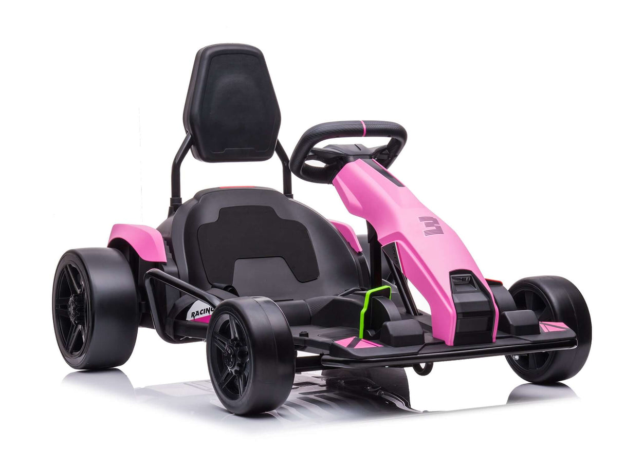 The Big Kids Powerful 24V Speedster Drifting Go-Kart is a pink electric ride with black accents and a sleek design for adventurous kids. It includes a black seat, steering wheel, and large wheels, all on a plain white background.