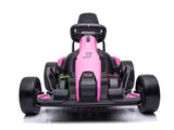 The Big Kids Powerful 24V Speedster Drifting Go-Kart features a pink body with black wheels and seat, a prominent 3 on the front, green and red accents on the footrests, and an aerodynamic design perfect for young racers.