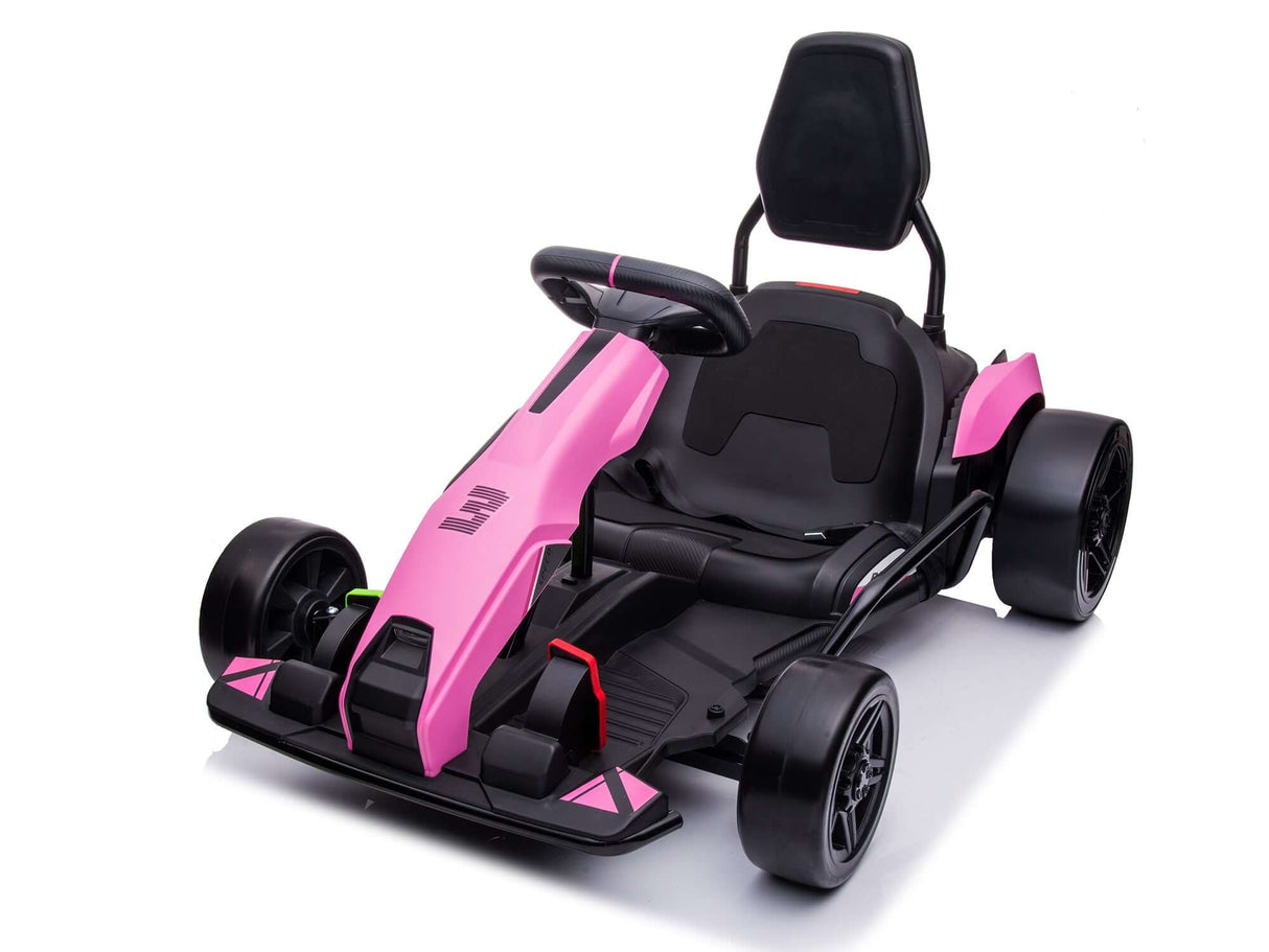 The Big Kids Powerful 24V Speedster Drifting Go-Kart features a sleek pink design with black accents, a sturdy high-back seat, sporty black wheels, a low-profile frame, and an attached steering wheel for young drivers seeking an exhilarating ride.