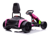 The Big Kids Powerful 24V Speedster Drifting Go-Kart in pink and black contrasts with the white background. It boasts a racing seat, steering wheel, and large black wheels accented with green. This dynamic go-kart is ideal for kids eager to race into adventure.