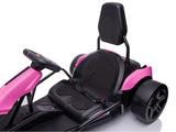 The Big Kids Powerful 24V Speedster Drifting Go-Kart boasts a vibrant pink finish, sleek black seat, steering wheel, and headrest. It features sturdy black wheels and a secure seatbelt for one adventurous rider, offering thrilling rides shown from a side angle.