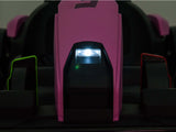 A close-up captures the Big Kids Powerful 24V Speedster Drifting Go-Kart with a pink front and central lit headlight. Black and green accents stand out against a dark background.