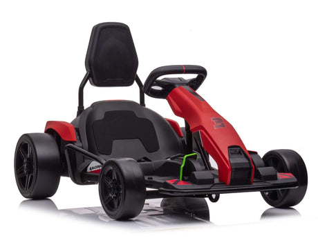The Big Kids Powerful 24V Speedster Drifting Go-Kart features a sleek red and black design with a contoured seat and large EVA-rubber wheels for modern style and performance, elegantly showcased against a plain white background.