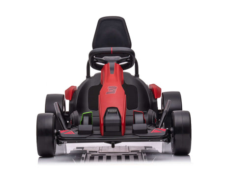 Front view of the sleek Big Kids Powerful 24V Speedster Drifting Go-Kart in vibrant red and black, featuring a sporty design with a prominent seat, EVA-rubber wheels, and detailed accents for a modern look powered by 24V HP motors for an exhilarating ride.
