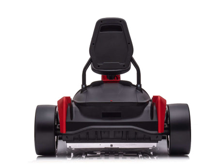 A rear view of the Big Kids Powerful 24V Speedster Drifting Go-Kart showcases its sleek black and red design with a visible seat, large EVA-rubber wheels, and sturdy frame powered by 24V HP motors, all set against a white background.