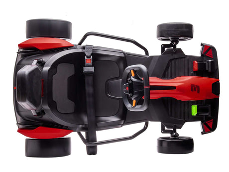 Top view of the Big Kids Powerful 24V Speedster Drifting Go-Kart in red and black, showcasing its steering wheel, seatbelt, and EVA-rubber wheels. The go-kart features a sleek, aerodynamic body powered by 24V HP motors for an exciting ride.