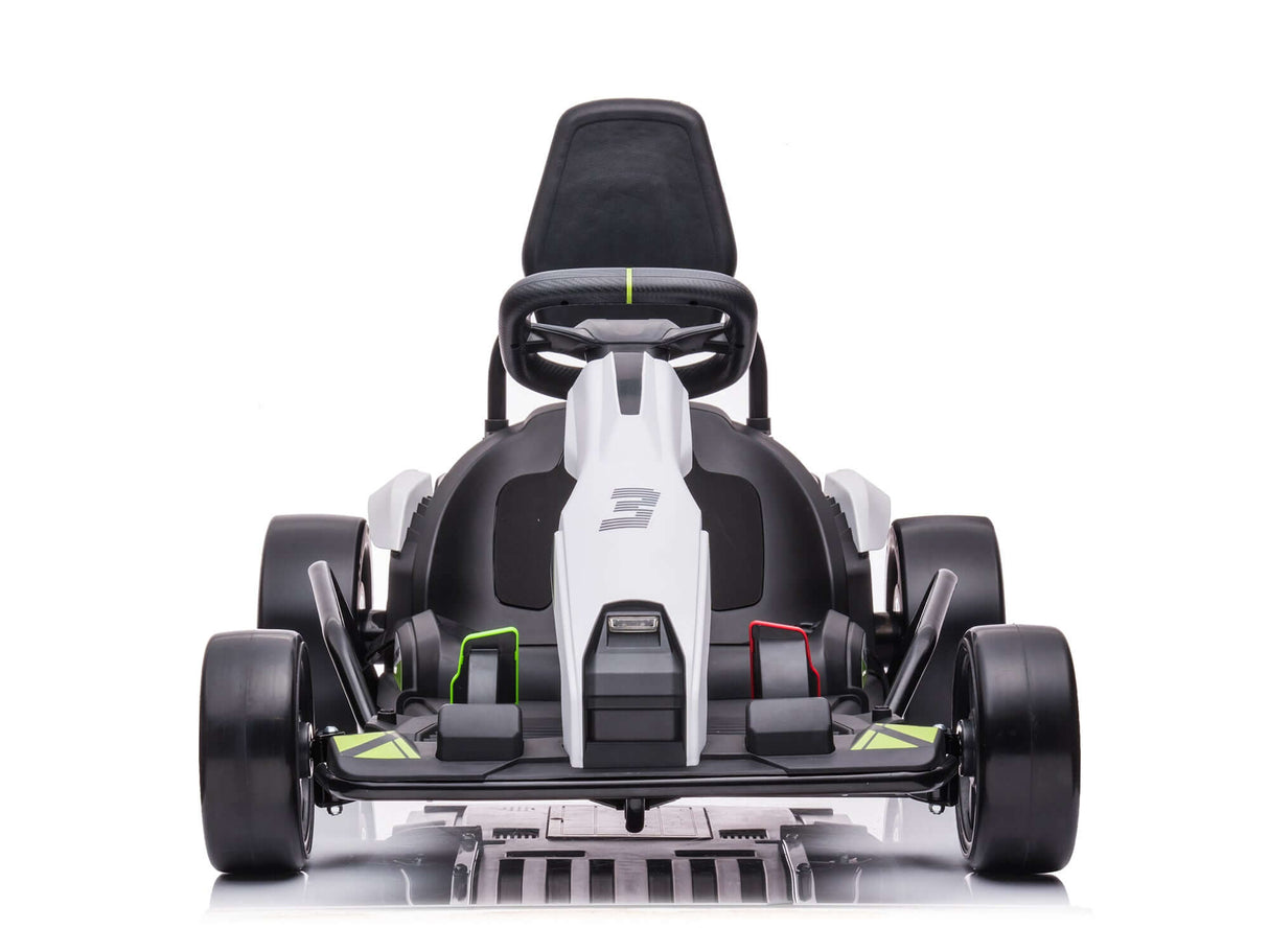 The Big Kids Powerful 24V Speedster Drifting Go-Kart is presented front-facing, featuring a sleek white and black design with racing seat, upgraded motors, graphic detailing, and green and red accents on the body and wheels.