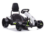 The Big Kids Powerful 24V Speedster Drifting Go-Kart features a sleek white and black design with green accents, upgraded motors for big kids, high back seat, drifting capabilities, large black tires, and a steering wheel.