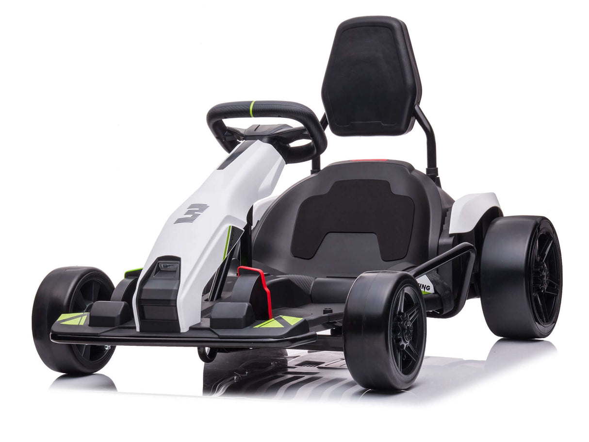 Introducing the Big Kids Powerful 24V Speedster Drifting Go-Kart with a white body, black seat, and distinctive angular design. Featuring upgraded motors for thrilling rides, it sports black wheels and subtle green accents. Ideal for drifting enthusiasts against a clean white backdrop.