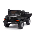 Feel the excitement with the Black 24V XXL Mercedes Benz Zetros Kids Ride On Truck with RC, featuring large wheels and a detailed grille. This truck showcases a robust, realistic design with an open cab and visible seats for adventurous young drivers.