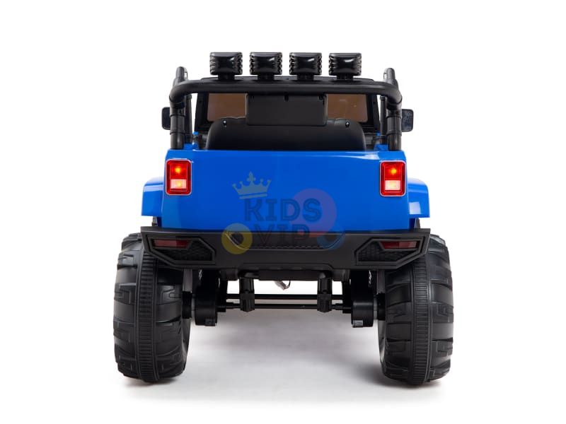 A rear view of the Blue 12V Sport Edition Trailcat Big Wheels Kids Ride on Truck with large black tires and top-mounted lights displays the Kids VIP logo, making it ideal for young adventurers.