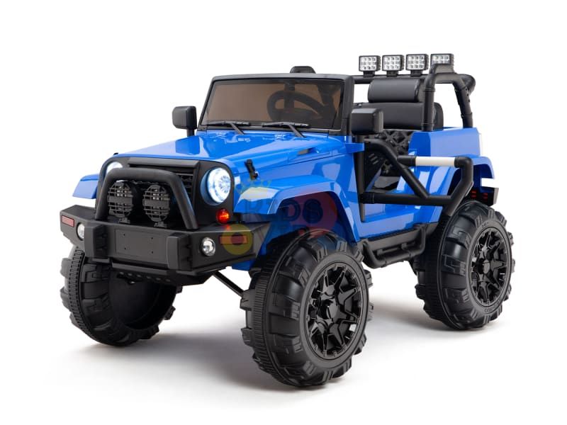 The Blue 12V Sport Edition Trailcat Big Wheels Kids Ride-on Truck with RC features oversized black wheels, prominent headlights, an open-top design, roll bars, and top lights, resembling a rugged all-terrain vehicle for thrilling adventures.