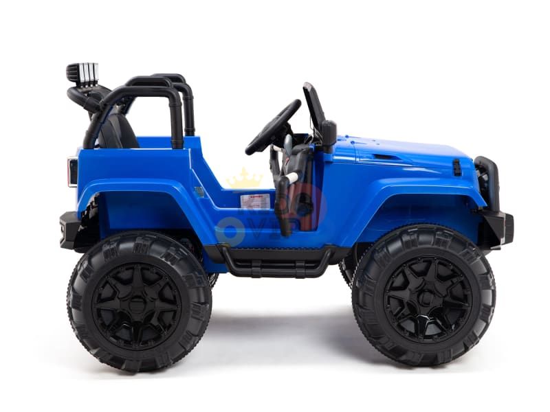 The Blue 12V Sport Edition Trailcat Big Wheels Kids Ride on Truck with RC is a miniature blue Jeep-like vehicle, featuring large black tires, an open top, and detailed interior and side mirrors, shown in profile on a white background.