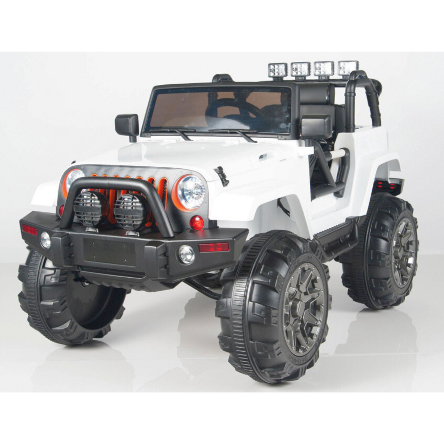 The White 12V Sport Edition Trailcat Big Wheels Kids Ride-on Truck looks like an off-road jeep with big black tires, front spotlights, a roll bar with extra lights, and a detailed grille and bumper. It includes a parental remote control for safety.
