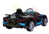 Get the Enhance Performance with 12v Bugatti Divo Front Wheel ride-on car, boasting a sleek black design with blue accents and silver wheels. It features a rear spoiler, red taillights, and a small front steering wheel. Final sale—contact us for details!.