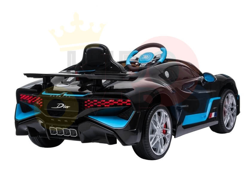 Inspired by Enhance Your Bugatti Divo with a 12v Receiver: Unleash the Power!, this toy car features enhanced control range, intricate rear detailing, and a sporty spoiler. It comes in black and blue with red accents, visible steering wheel, and lights.