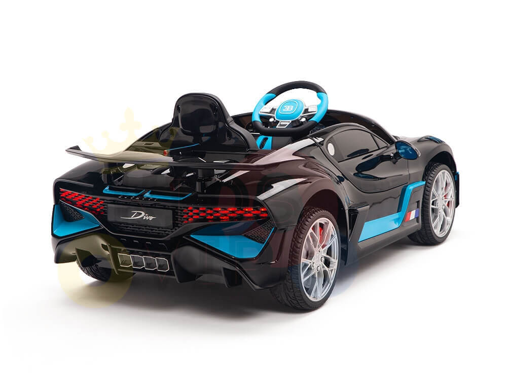 A black and blue ride-on car, modeled after the Bugatti Divo, featuring a sporty rear angle, spoiler, multi-colored rear lights, sleek curves, detailed dashboard with steering wheel, silver wheels, and realistic design details.