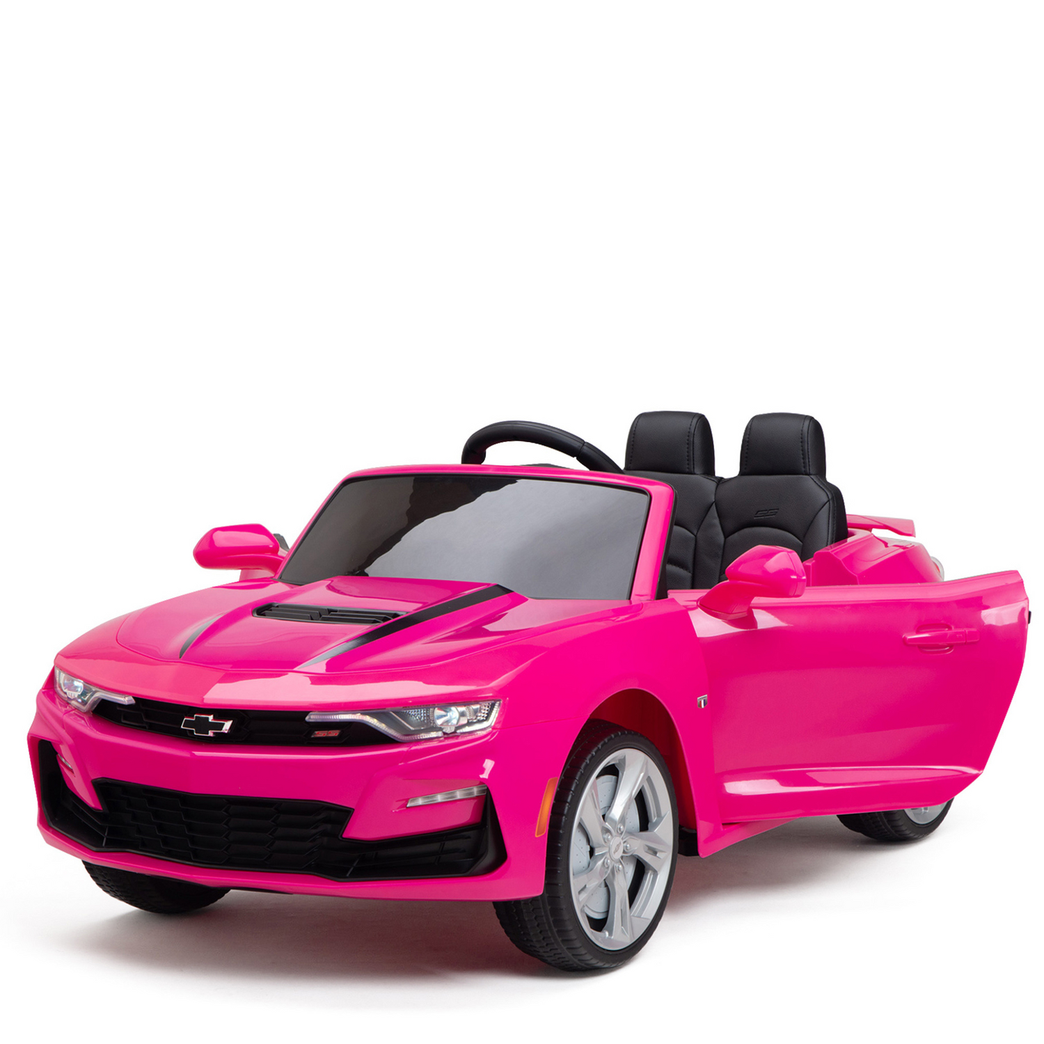 The Pink 12V Official Sport Chevrolet Camaro Kids and Toddlers Ride-on Car features a sleek convertible design with a black interior, emblem on the grille, two seats, and realistic details. It sits invitingly with one door open against a plain white background.