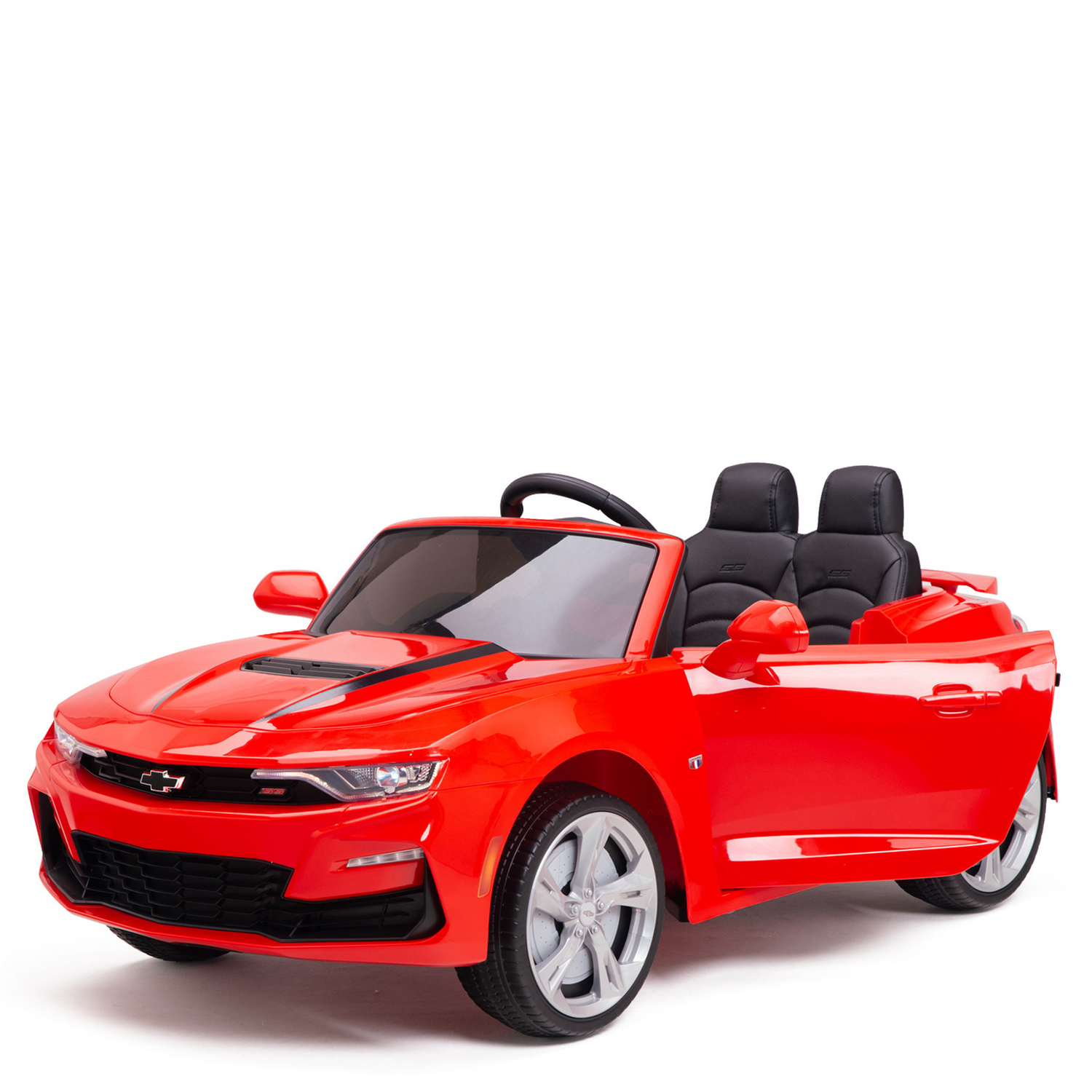 The Red 12V Official Sport Chevrolet Camaro Kids and Toddlers Ride on Car features a sleek design with two seats, black detailing, silver rims on a white background, and offers thrilling remote control driving for young enthusiasts.