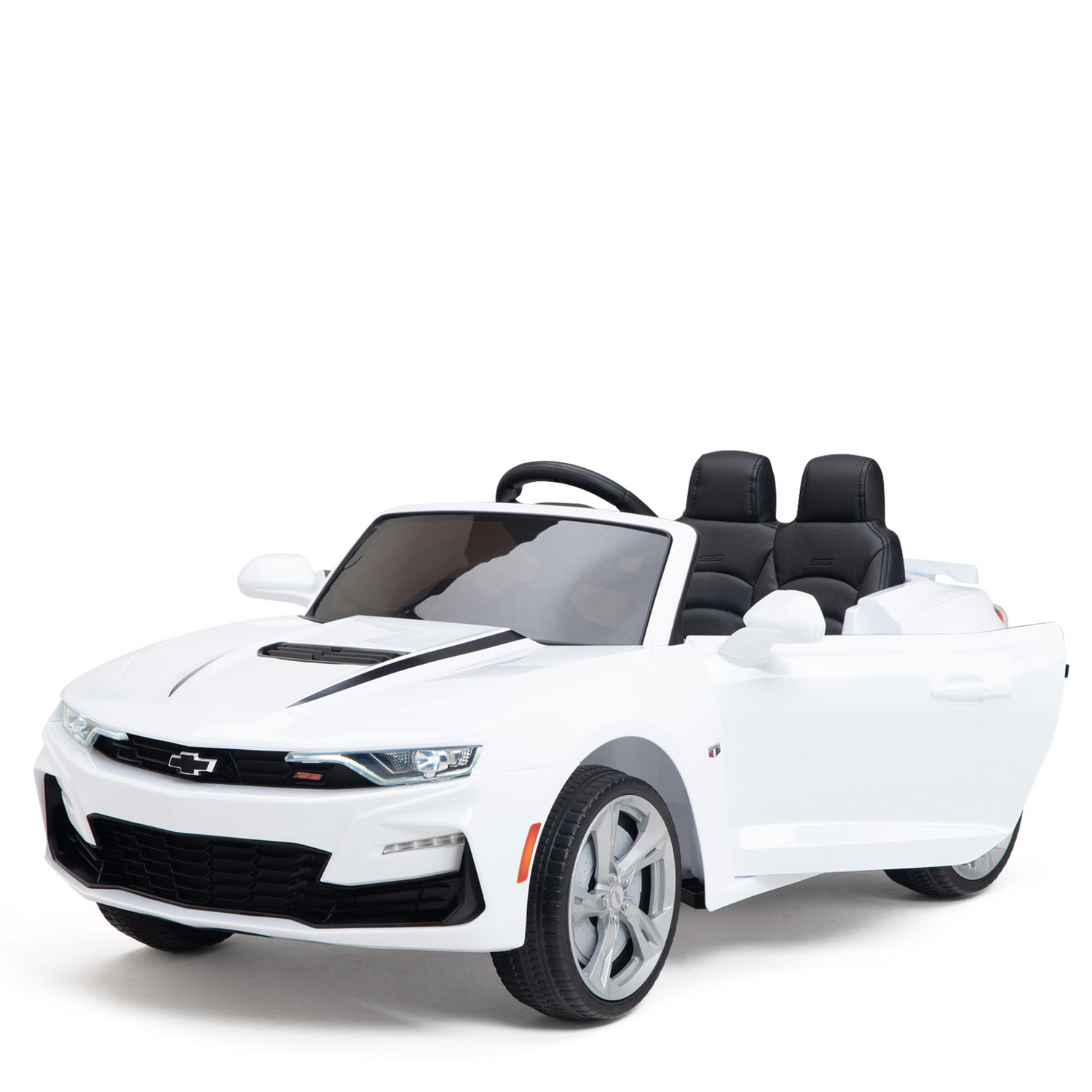 The White 12V Official Sport Chevrolet Camaro Kids Ride-on Car features a black interior and open doors, boasting a sleek design with black hood stripes. Set against a white background, it offers remote control ride-on excitement for kids.