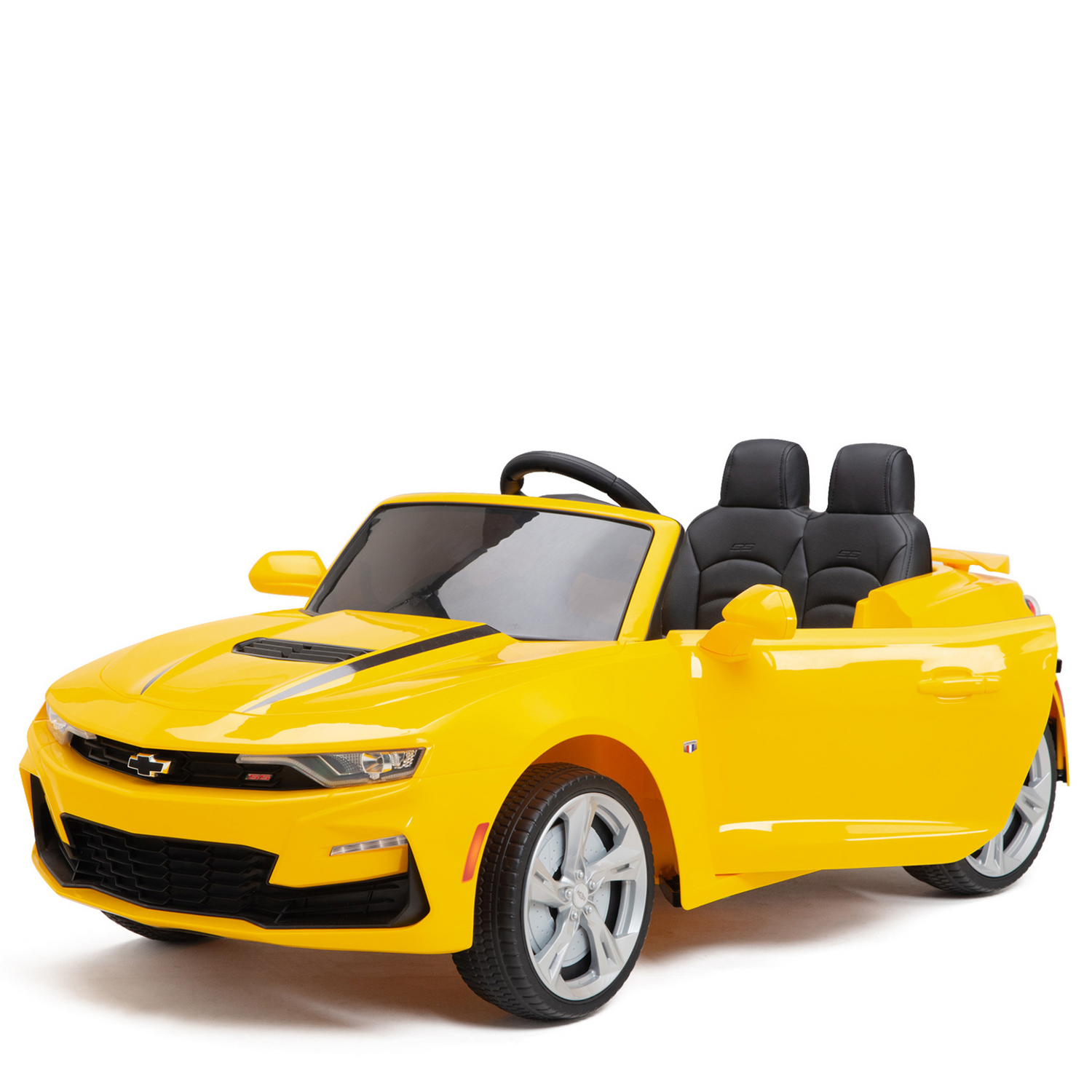 A Yellow 12V Official Sport Chevrolet Camaro Kids and Toddlers Ride-on Car with black details, dual black seats, and silver wheels faces slightly right, showcasing its sporty design.
