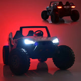 The Kids XXL Edition toy off-road vehicle, now known as the White 24V/4X4 Dune Buggy Ride On UTV, boasts durable rubber wheels and illuminated headlights. An image highlights its striking rear taillights set against a vibrant red-lit backdrop.