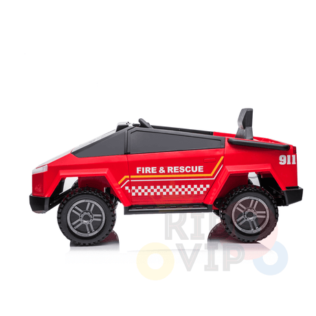 A red and black Futuristic 12V Fire Truck Ride On for Kids, featuring 911 and Fire & Rescue with a checkered pattern, is showcased on a white background. Suitable for kids and toddlers, it includes sirens, RC controls, rubber wheels, a leather seat, and music.