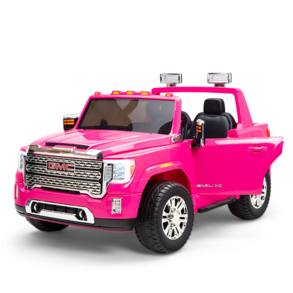 The Pink 2x12V Licensed 4WD GMC Sierra Kids Ride On Car with RC features a bright pink exterior, detailed grille, chrome accents, opening doors, black interior, side mirrors, oversized tires, front lights, and a realistic dashboard for adventurous playtime.