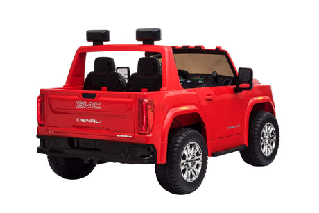 The Red 2x12V Licensed 4WD GMC Sierra Kids Ride On Car with RC features realistic wheels, side mirrors, branding, two seats, and a remote control for safety, offering children a true vehicle experience.