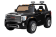 This sleek black ride-on car, Enhance Your GMC Sierra Experience with a 12v/2 Seater Windshield, resembles a GMC truck with chrome accents, large wheels, and two seats. It features a detailed front grille, clear headlights, roof light bars, and the Denali logo on the side. Limited colors in stock—final sale!.