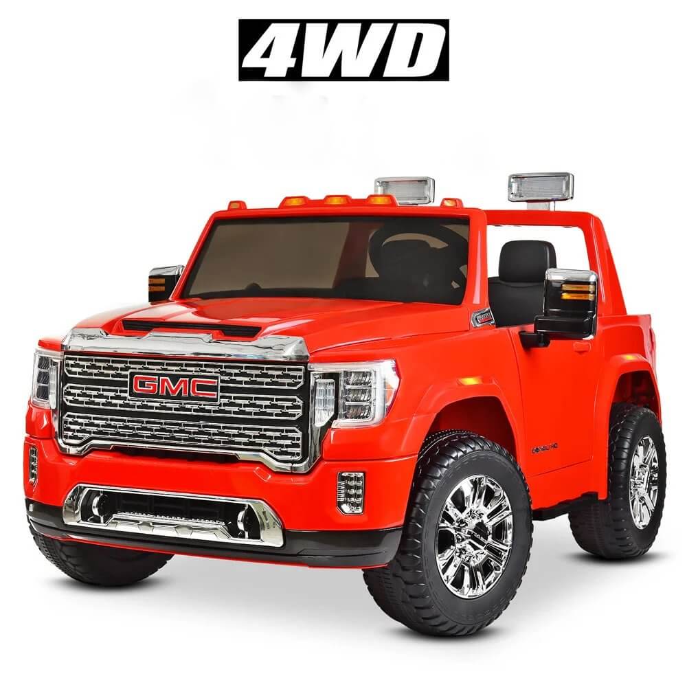 Grab this final sale offer for the red ride-on miniature GMC Sierra truck, featuring a prominent grille, chrome accents, 4WD text, side mirrors, roof lights, and shiny wheels. The Enhance Your GMC Sierra Experience with a 12v/2 Seater Windshield is perfect for kids while colors last!.