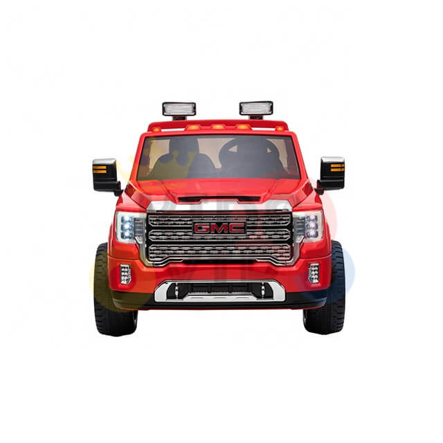 Front view of the Red 2x12V Licensed 4WD GMC Sierra Kids Ride On Car with RC, highlighting its detailed headlights, prominent grille, and side mirrors. It features realistic roof lights and rugged tires for off-road thrills tailored for adventurous kids.