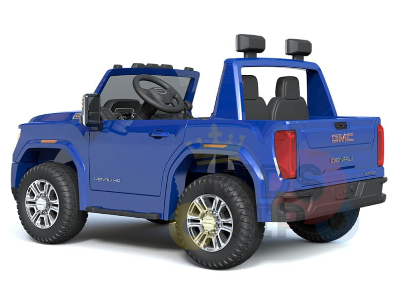 The blue 2-seater, officially licensed GMC Sierra 4WD kids ride-on car features an open top, leather seats, steering wheel, rearview mirrors, large wheels, and GMC Denali HD branding on the side and back for a realistic truck experience.