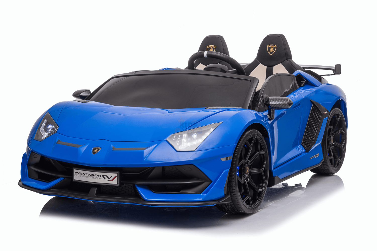 The Blue 24v Lamborghini SVJ Drifting Car for kids boasts a real luxury model look with an aerodynamic shape, black racing wheels, dual racing-style seats, distinctive headlights, grille logo, and is remotely controlled by parents.