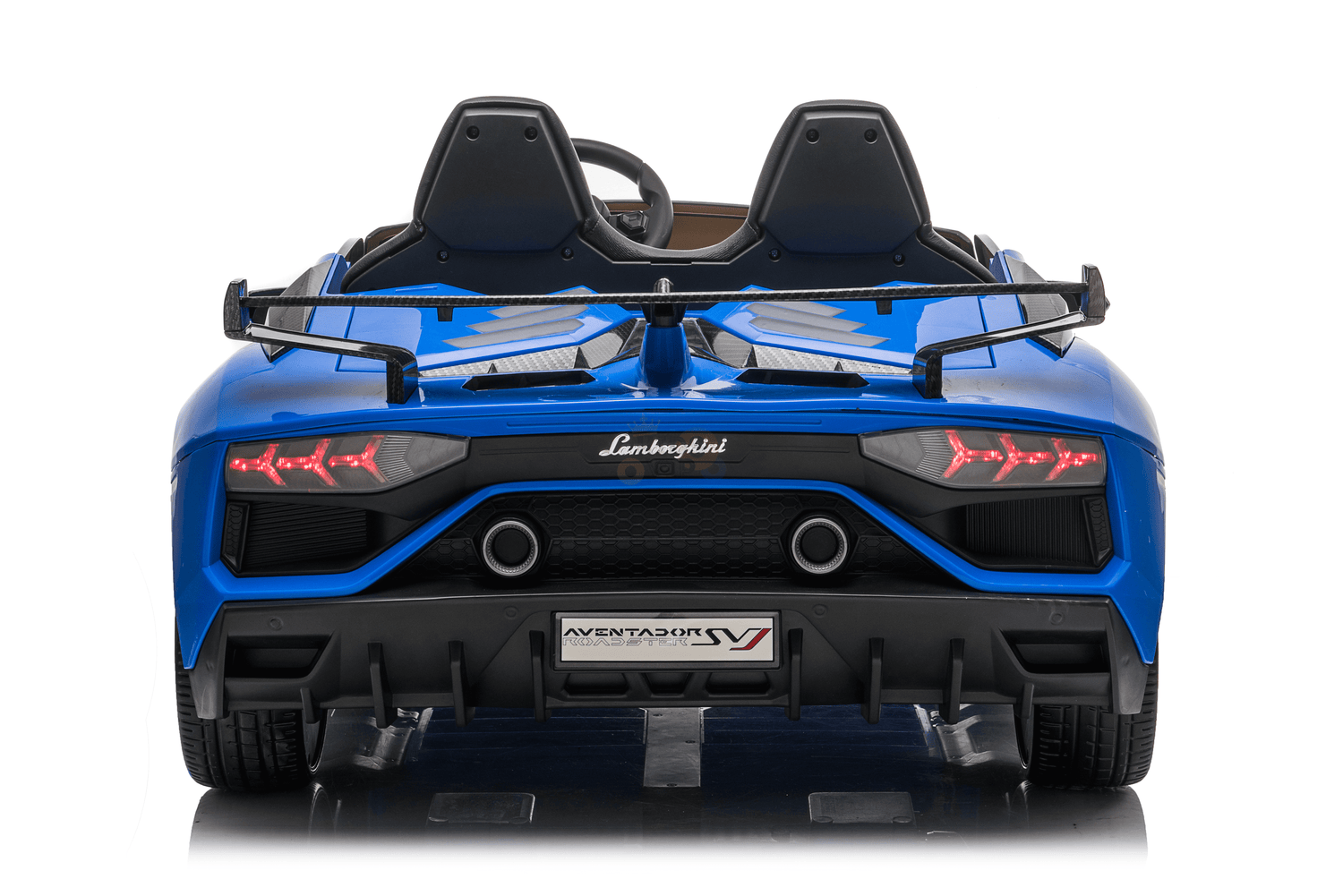 A rear view of the Blue 24v Lamborghini SVJ Drifting Car toy shows a spoiler, detailed taillights, dual exhausts, and branding on the back and license plate area, all displayed on a reflective surface.