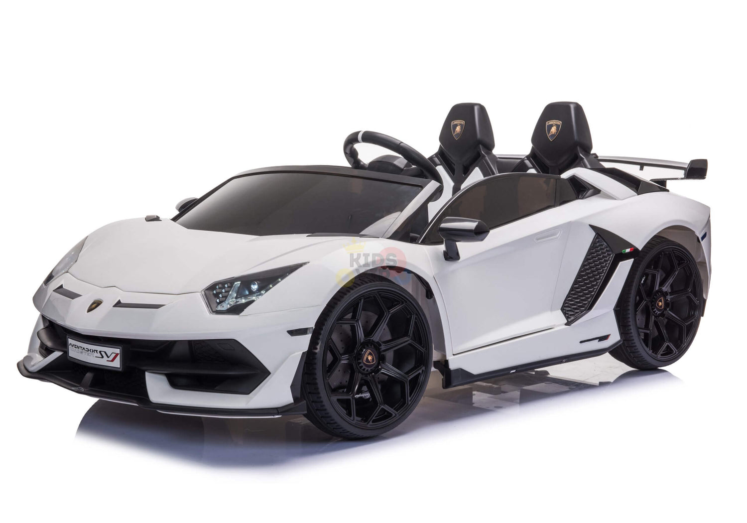 The Upgrade Your Ride with the White 24V Lamborghini SVJ Drifting Kids Ride on Car features detailed black drifting wheels, side mirrors, and bucket seats. Its sleek sporty design stands out against a plain white background.