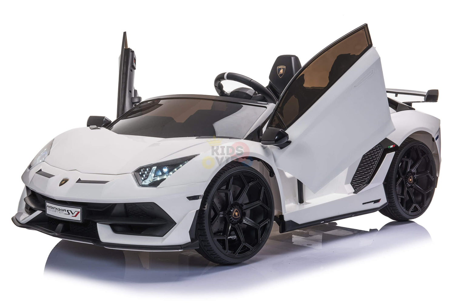 The Upgrade Your Ride with the White 24V Lamborghini SVJ Drifting Kids Ride on Car features black wheels, detailed headlights, upward-opening doors, and a robust battery for an exhilarating experience.