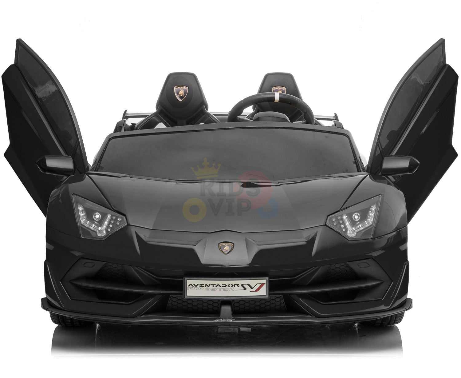 Front view of the Black 24V Lamborghini SVJ Ultimate Drifting Car toy with scissor doors open. Designed for kids, it showcases detailed headlights, steering wheel, and seats against a plain white backdrop.