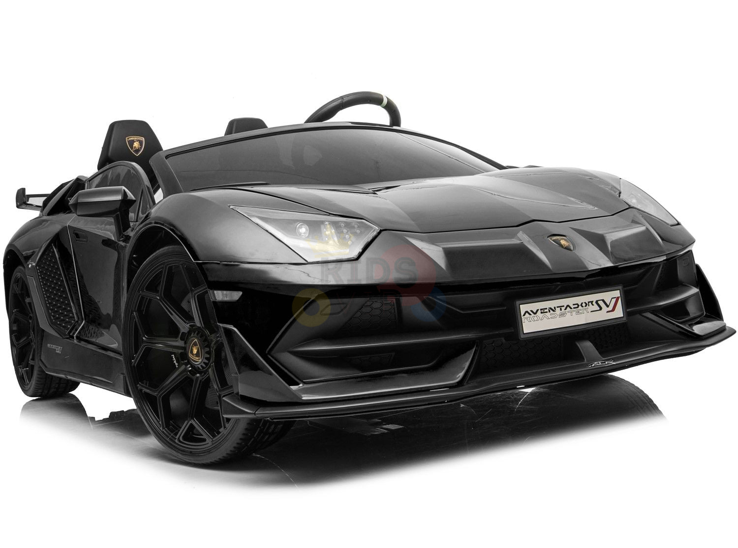 The Black 24V Lamborghini SVJ Ultimate Drifting Car is a luxury sports-style ride-on toy with aerodynamic lines, two seats, a detailed grille, large drifting wheels with sleek design, and branded front decals. Perfect for kids to enjoy their own sports car adventure.