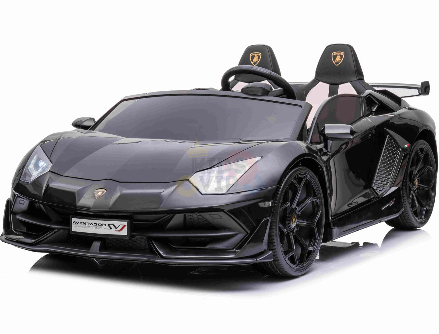 The Black 24V Lamborghini SVJ Ultimate Drifting Car features a sleek design, detailed headlights, front logo, convertible style, two seats, sports rims, and drifting wheels, perfectly mirroring a full-sized luxury vehicle for an exciting young drivers experience.