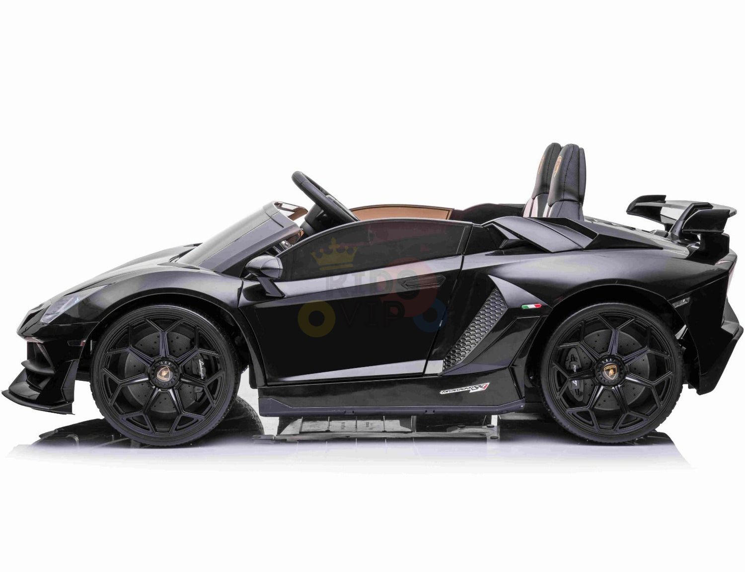 The Black 24V Lamborghini SVJ Ultimate Drifting Car toy features sleek lines, intricate detailing, drifting wheels, a rear spoiler, and an open-top design for a realistic luxury experience for young car enthusiasts.