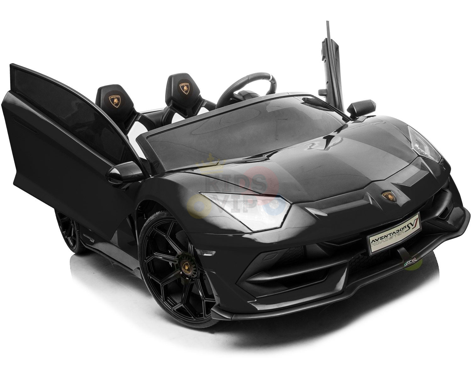 The Black 24V Lamborghini SVJ Ultimate Drifting Car for kids mimics a sleek sports car with open scissor doors and dual seating. Its glossy finish, detailed front styling, and drifting wheels ensure an exhilarating playtime experience.