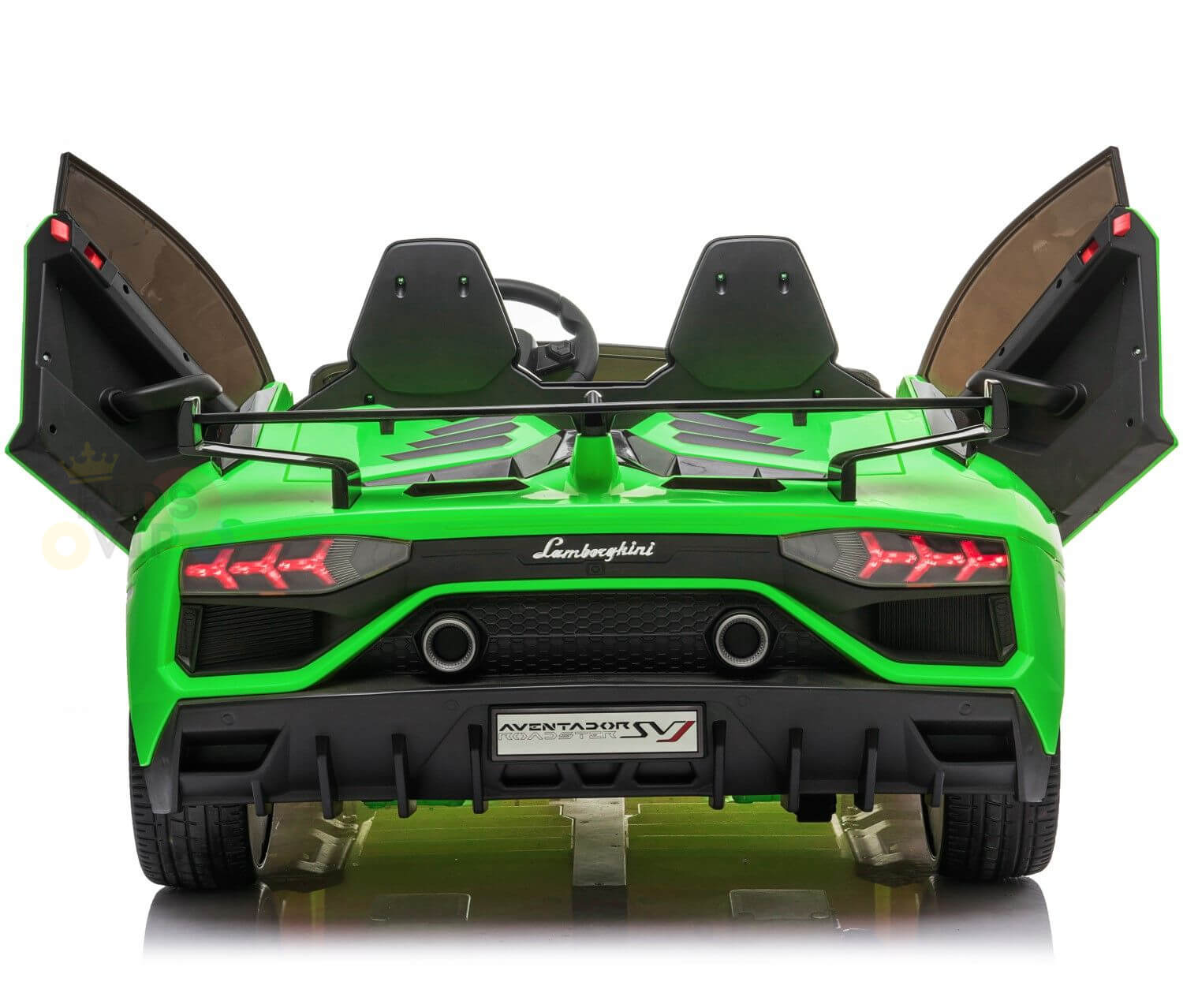 Rear view of a vibrant green Lamborghini Aventador SV with scissor doors open, sleek taillights, and detailed insignia. Imagine it as the 24v Lamborghini SVJ Drifting Kids Ride on Car, featuring dual HP motors for exciting rides controlled by a parental remote control.