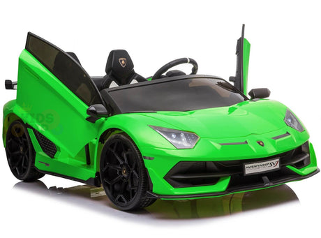 The Upgrade Your Ride with the Official 24v Lamborghini SVJ Drifting Kids Ride on Car comes in bright green with sleek sports car design, black wheels, signature upward-opening doors, a single seat, and detailed dashboard. It is powered by dual HP motors and includes a parental remote for safety.